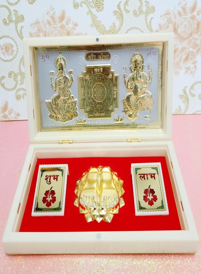 ARNAVIRA Gold Photo Frame With Charan Paduka Pocket Temple For Diwali Gift, House Warming Gifts Return Gift Puja Box (Lakshmi Ganpati (Yantra), Golden White, Large) - Image 2
